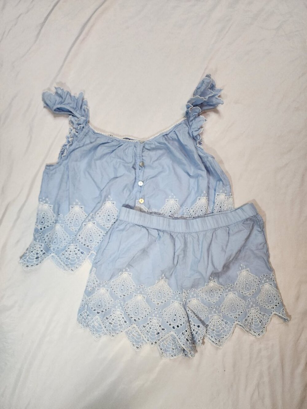 Calypso St Barth Pajama Set S Blue Seashell Eyelet Cotton Cami Shorts